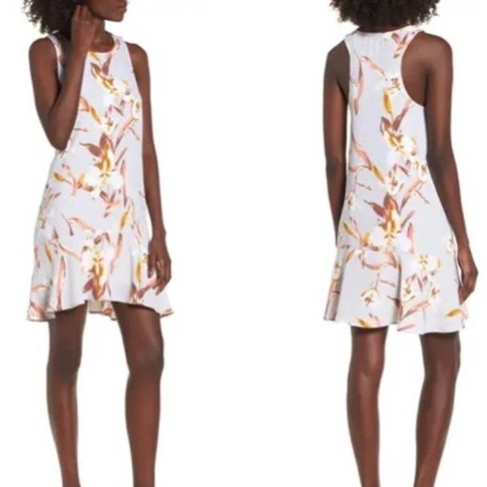 Leith grey floral pull over drop waist ruffle hem sleeveless flowy mini dress